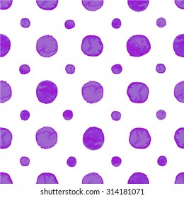 Seamless hand drawn watercolor pattern made of round purple dots, isolated over white.