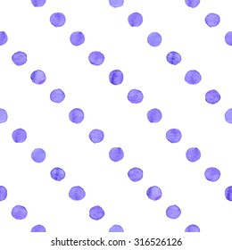 Seamless hand drawn watercolor pattern made of round dark blue dots, isolated over white.
