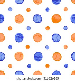 Seamless hand drawn watercolor pattern made of round orange and blue dots, isolated over white.