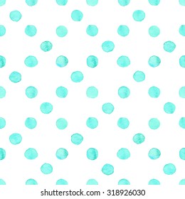 Seamless hand drawn watercolor pattern made of round aqua blue dots, isolated over white.