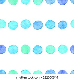 Seamless hand drawn watercolor pattern made of round various blue dots, isolated over white.