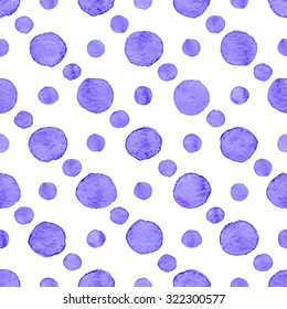 Seamless hand drawn watercolor pattern made of round dark blue dots, isolated over white.
