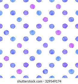 Seamless hand drawn watercolor pattern made of round blue and purple dots, isolated over white.