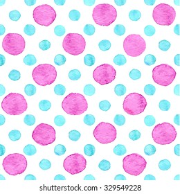 Seamless hand drawn watercolor pattern made of round pink and blue dots, isolated over white.