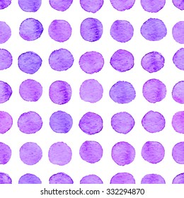 Seamless hand drawn watercolor pattern made of round purple dots, isolated over white.