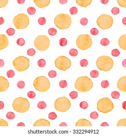 Seamless hand drawn watercolor pattern made of round red and orange dots, isolated over white.