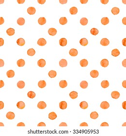 Seamless hand drawn watercolor pattern made of round orange dots, isolated over white.