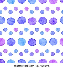 Seamless hand drawn watercolor pattern made of round blue and purple dots, isolated over white.