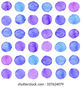 Seamless hand drawn watercolor pattern made of round purple and blue dots, isolated over white.