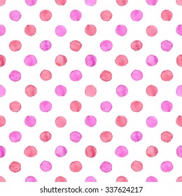 Seamless hand drawn watercolor pattern made of round pink and red dots, isolated over white.