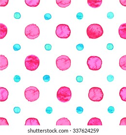 Seamless hand drawn watercolor pattern made of round aqua blue and pink dots, isolated over white.