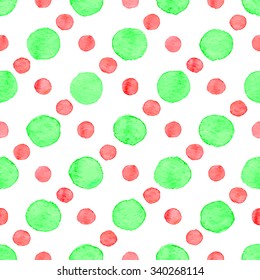 Seamless hand drawn watercolor pattern made of round green and red dots, isolated over white.
