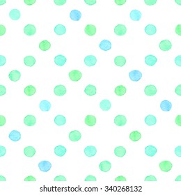 Seamless hand drawn watercolor pattern made of round blue and green dots, isolated over white.