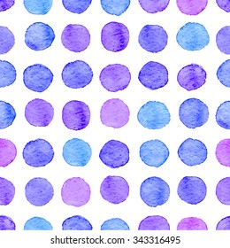 Seamless hand drawn watercolor pattern made of round purple and blue dots, isolated over white.
