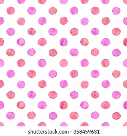 Seamless hand drawn watercolor pattern made of round pink and red dots, isolated over white.