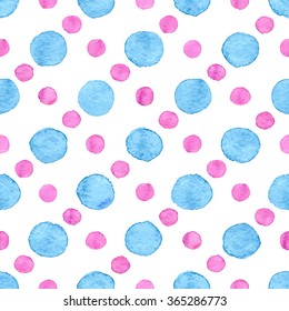 Seamless hand drawn watercolor pattern made of round blue and pink dots, isolated over white.