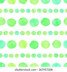 Seamless hand drawn watercolor pattern made of round green dots, isolated over white.