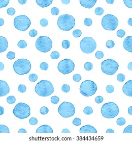 Seamless hand drawn watercolor pattern made of round blue dots, isolated over white.