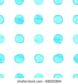 Seamless hand drawn watercolor pattern made of round aqua blue dots, isolated over white.