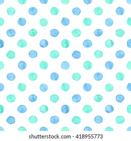 Seamless hand drawn watercolor pattern made of round blue dots, isolated over white.