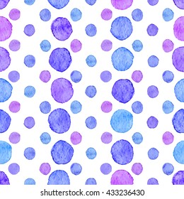 Seamless hand drawn watercolor pattern made of round blue and purple dots, isolated over white.