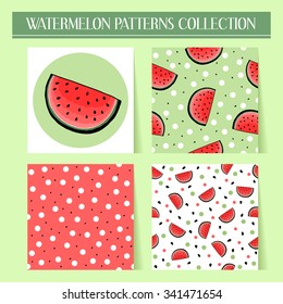 Seamless hand drawn watermelon patterns set. Vector illustration.