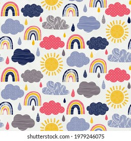 El tiempo sin costura dibujado a mano diseño de patrones sin fisuras con arcos de lluvia, nubes, lluvia y sol