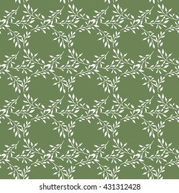 Seamless hand drawn white leaves circles pattern on green background.