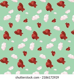 Nahtlose handgezeichnete, weiße, rote Kamelien oder Rosenblumen, Muster, Vektorgrafik einzeln auf grünem Hintergrund. Design für Packpapier, Tischdecken, Geschenkpapier, Tapete und Dekoration.
