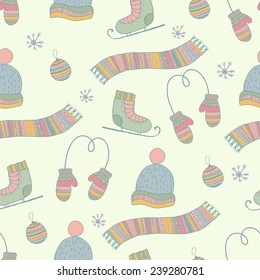 Seamless hand drawn winter clothes pattern. Set scarf, mittens, hat, ice skates. Pastel color