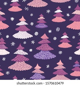 Seamless hand drawn xmas pattern with fir trees. Purple backdrop. White snowflakes. Violet, pink fir-trees with needles, decorative elements: dots, hearts, points. Kids,paper design, new year, textile