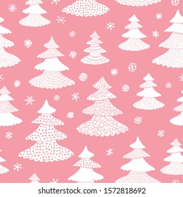 Seamless hand drawn xmas pattern with trees on pink backdrop. Snowflakes, fir-trees with needles, decorative elements: dots, hearts, points. Girls, baby design. New year, textile, wrapping paper