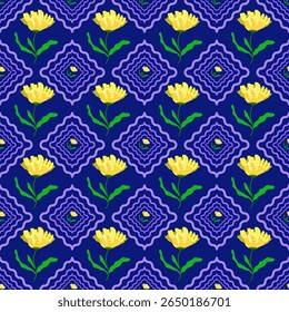 Seamless hand drawn yellow florals pattern with purple diamond wavy frame on dark blue background. Vector illustration.