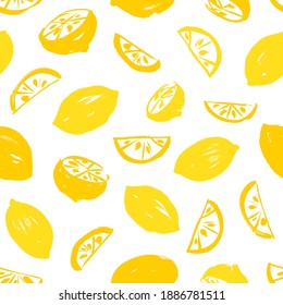 Seamless hand drawn yellow lemon pattern. Half and sliced lemons. Colorful vector wallpaper. Doodle ink illustration with citrus fruits on white background. Print for fabric or wrapping paper.