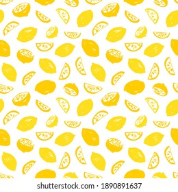 Seamless hand drawn yellow lemon pattern. Half and sliced lemons. Colorful vector wallpaper. Doodle ink illustration with citrus fruits on white background. Print for fabric or wrapping paper.