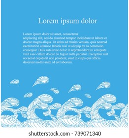 Seamless hand drawn zen tangle white on blue wave abstract background, Lorem ipsum stock vector illustration