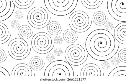 Padrão de espiral de desenho de mão sem costura com espirais circulares pretas sobre fundo branco. Ideal para papel de parede, tecido, papel de embrulho, fundos, ou design de arte abstrata.