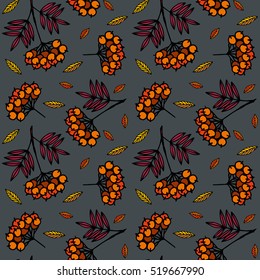 Seamless hand drown pattern. Brush mountain ash and autumn leaves on a gray background.