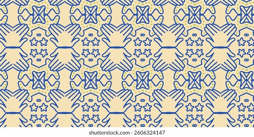 Seamless Hand Gesture and Star Pattern - Blue and Beige Design