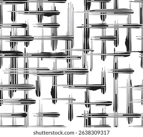 Seamless hand paint ink brush lines abstract imperfect square grid cross over weaving basketry pattern in black and white, Japanese and ethnic block print texture background for textile, carpet