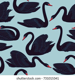 Seamless hand painted black swans pattern. Fauna background with birds used for wallpaper, pattern fills, web page, fabric print, postcards.