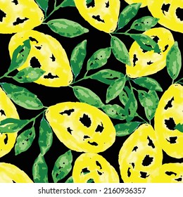 Seamless hand painted lemons and leaves pattern on black background. Suitable for packaging, table cloth, napkin, swim suit, fashion and for other design projects.