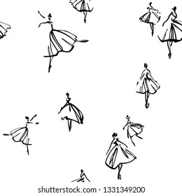 seamless hand painted pattern with dancing ballerina among music notes artwork for tattoo, fabrics, souvenirs, packaging, greeting cards and scrapbooking