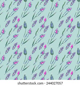 Seamless hand painted pattern with flowers and ears on blue background. Watercolor illustration.