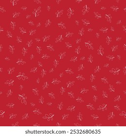 Seamless hand painted pattern in vector with single twigs with leaves and small dots evenly scattered over a red square piece of paper - abstract Christmas card design in red and white