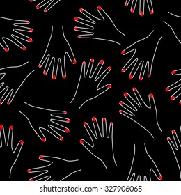 Seamless hand pattern on black background. Cute funny girlish illustration with red nails. Trendy fashion illustration.