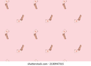 Seamless hand pattern on pink background. Cute lovely girlish illustration with cards. Trendy vector illustration. 