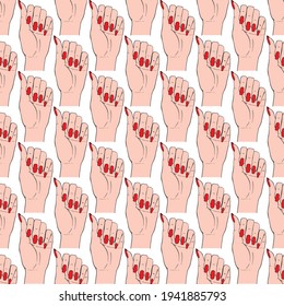 Seamless hand pattern on white background. Cute funny girlish illustration with red nails. Trendy fashion illustration.