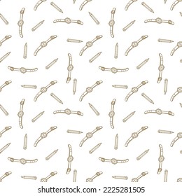 Seamless hand watch pattern. Kids  wrist watch white background. Textile and wrapping or gift paper.