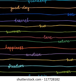 Seamless hand write stripe pattern with words: love, nature, emotion, happiness, sun, freedom, summer, friendship, good day, sea, travel